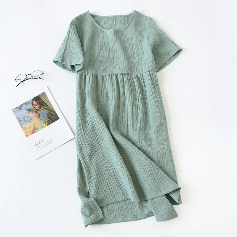 Vintage 100% Cotton Gauze Summer Dress Solid O-Neck Short Long Basic Home Women Sundress Parent-Child Outfit 121964WLA