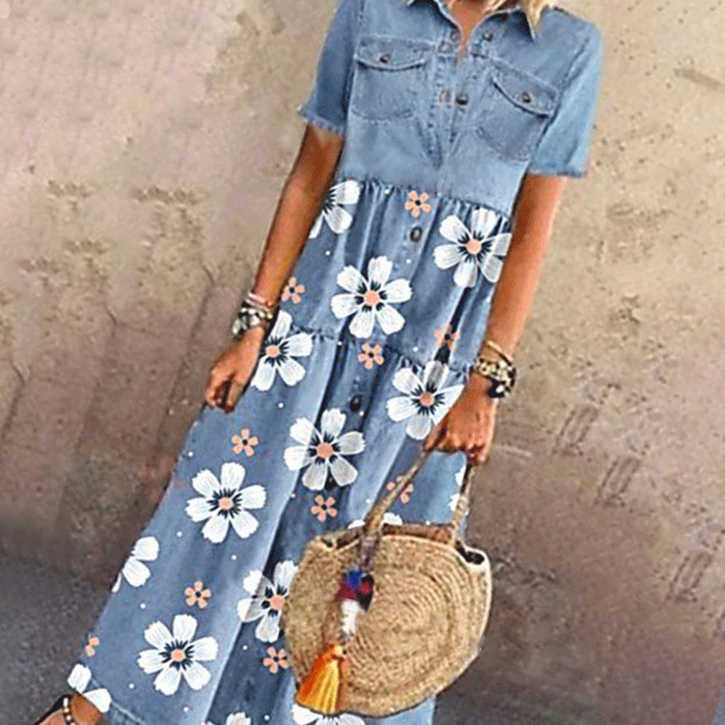 Women Elegant Turn-down Collar Denim Dress Spring Floral Print Button Shirt Dress Summer Short Sleeve A-Line Party Dress Vestido