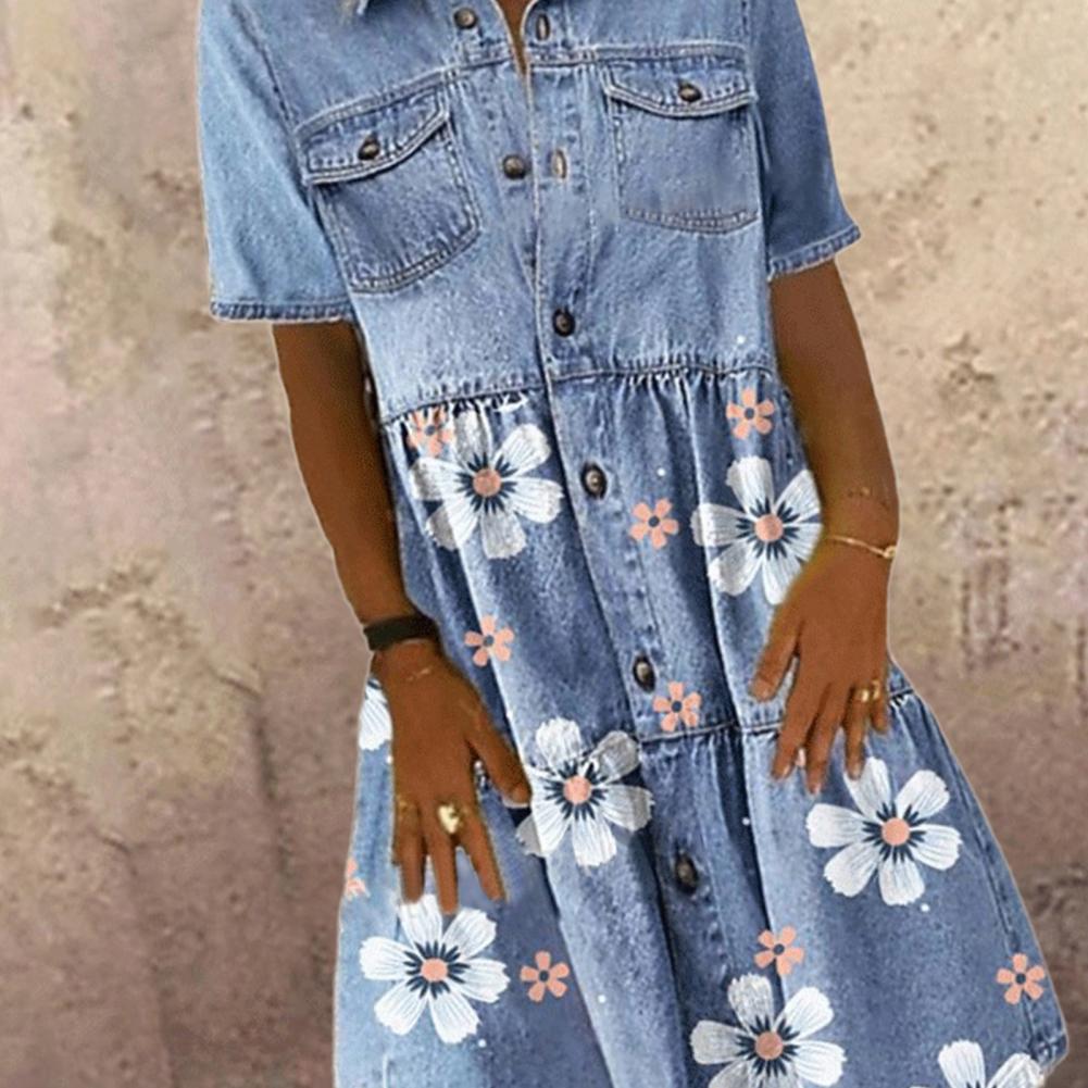 Women Elegant Turn-down Collar Denim Dress Spring Floral Print Button Shirt Dress Summer Short Sleeve A-Line Party Dress Vestido