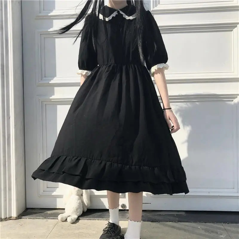 Mini Black Dresses Puff Sleeve Women Lolita Girlish Designer Kawaii Clothes Japanese Preppy Bow Summer Sweet Ins Y2k Vestidos BF