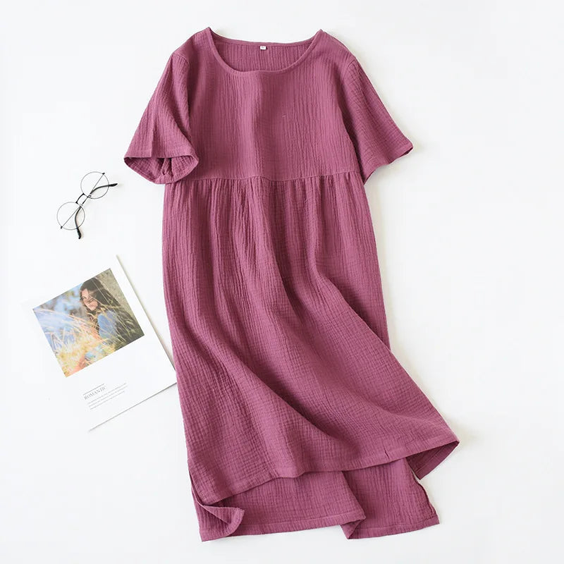 Vintage 100% Cotton Gauze Summer Dress Solid O-Neck Short Long Basic Home Women Sundress Parent-Child Outfit 121964WLA