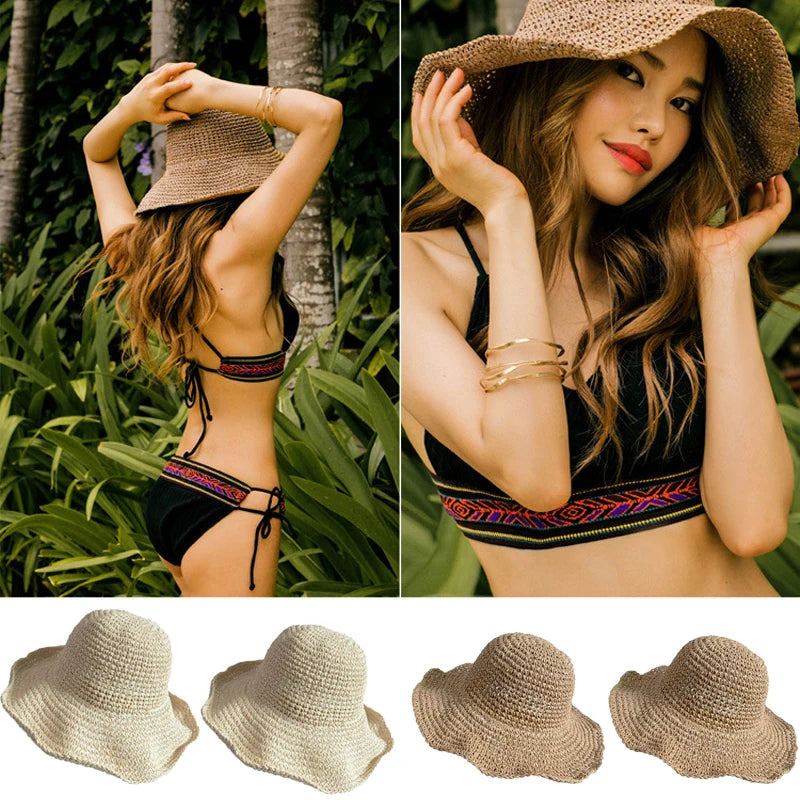 New Fashion Ladies Summer Hoilday Floppy Straw Hat Women Wide Brim Beach Foldable Bow Flower Straw Sun Hat Sun Cap Hot Sales