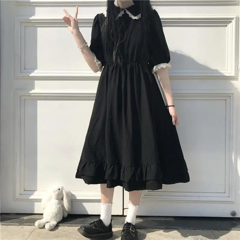 Mini Black Dresses Puff Sleeve Women Lolita Girlish Designer Kawaii Clothes Japanese Preppy Bow Summer Sweet Ins Y2k Vestidos BF