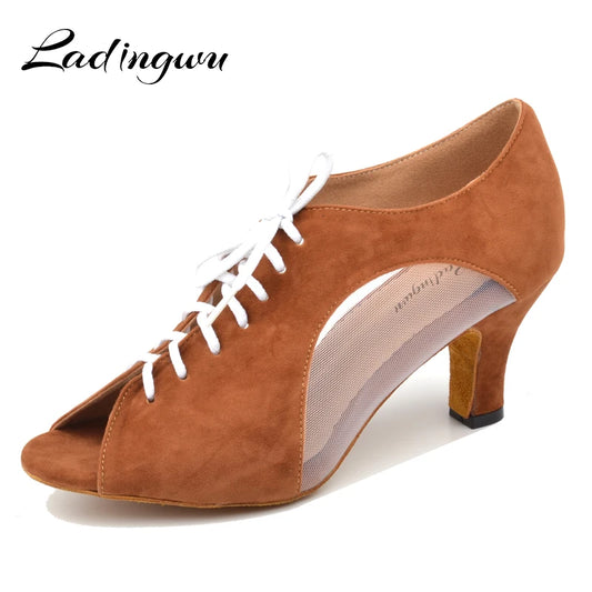 Ladingwu Flannel and Mesh Dance Shoes Latin Woman Salsa Dancing Shoes Red Women Ballroom Shoes Dance Soft Bottom Heel 5/6/7cm