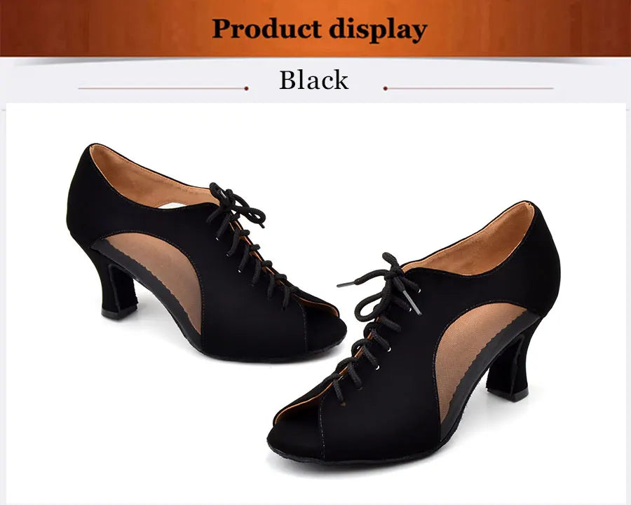 Ladingwu Flannel and Mesh Dance Shoes Latin Woman Salsa Dancing Shoes Red Women Ballroom Shoes Dance Soft Bottom Heel 5/6/7cm