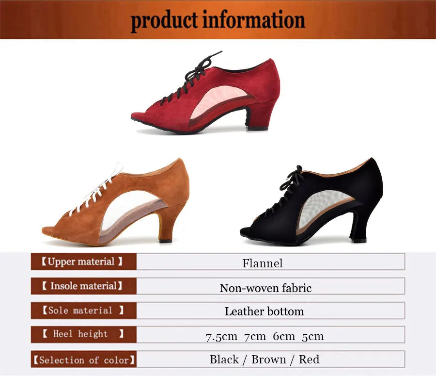 Ladingwu Flannel and Mesh Dance Shoes Latin Woman Salsa Dancing Shoes Red Women Ballroom Shoes Dance Soft Bottom Heel 5/6/7cm