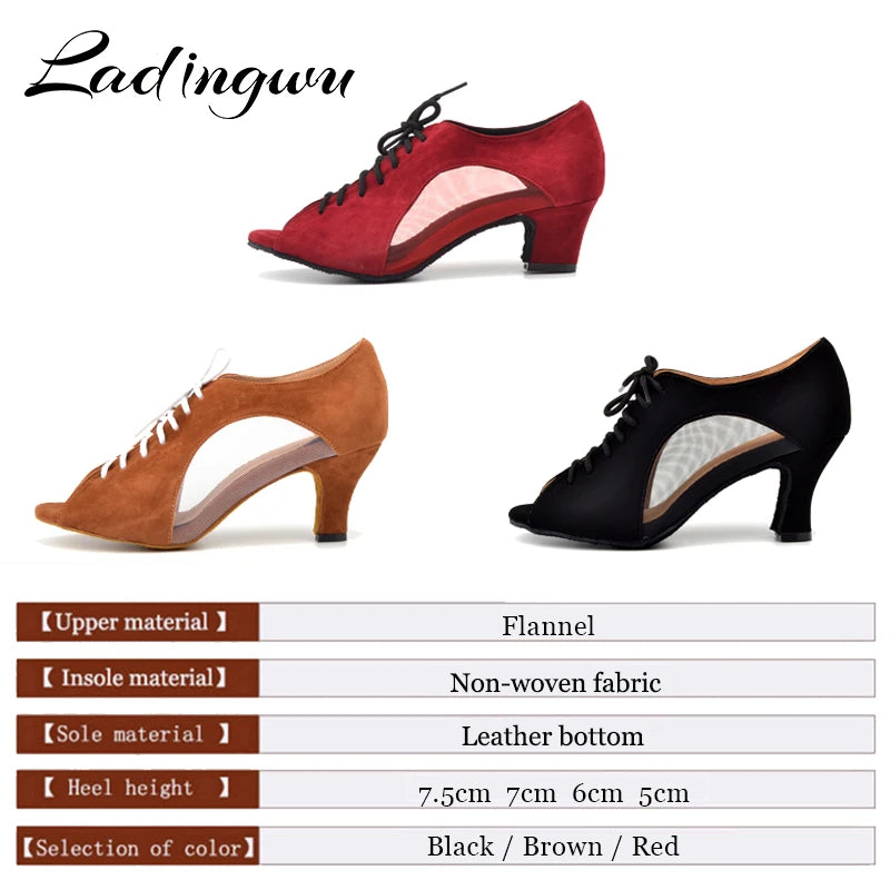 Ladingwu Flannel and Mesh Dance Shoes Latin Woman Salsa Dancing Shoes Red Women Ballroom Shoes Dance Soft Bottom Heel 5/6/7cm