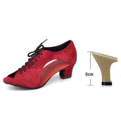 Ladingwu Flannel and Mesh Dance Shoes Latin Woman Salsa Dancing Shoes Red Women Ballroom Shoes Dance Soft Bottom Heel 5/6/7cm