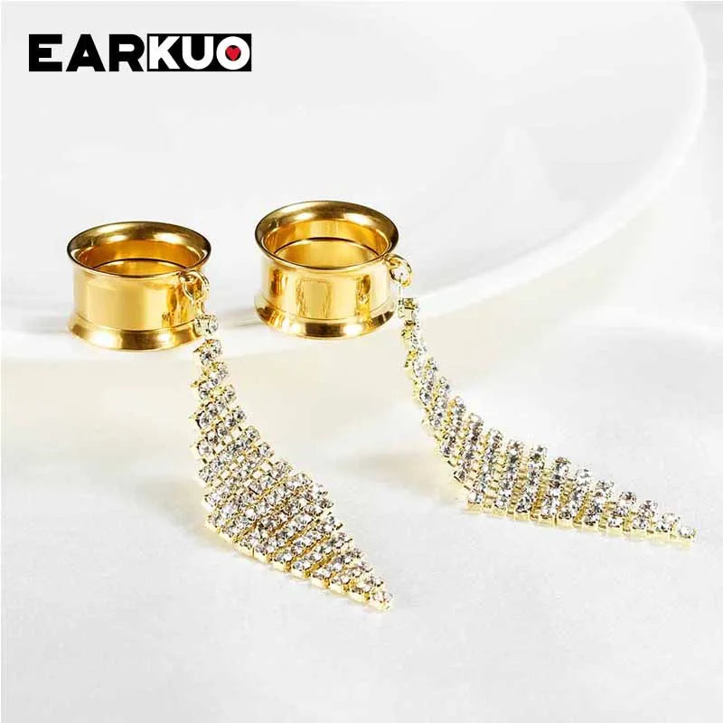 EARKUO Popular Stainless Steel Square Bar Chains Dangle Ear Plugs Piercing Gauges Tunnels Body Jewelry Earring Stretchers 2PCS