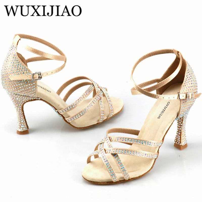 WUXIJIAO Women's Latin Dance Shoes New Dance Shoes Unique Design Salsa Shoes Diamond Sandals