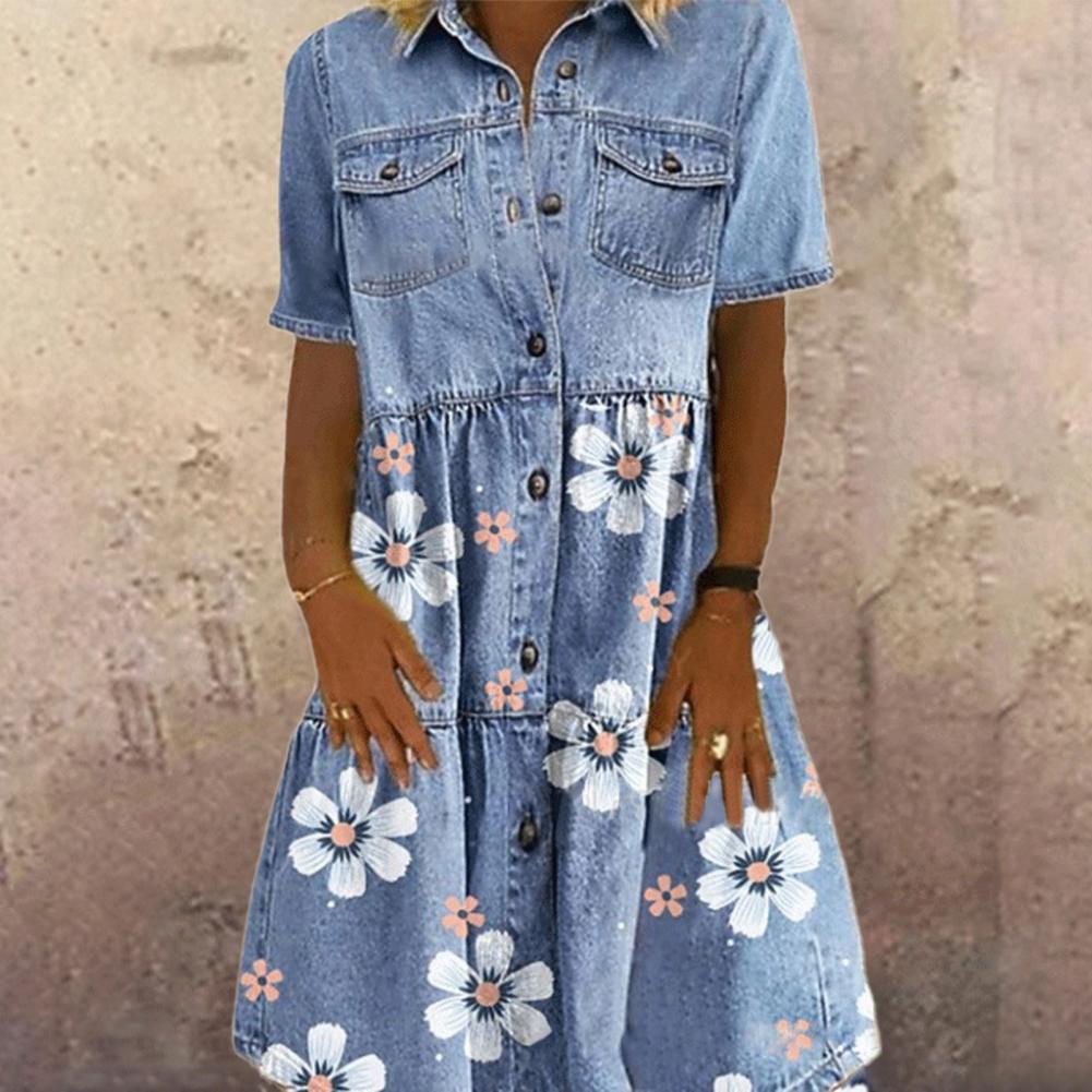 Women Elegant Turn-down Collar Denim Dress Spring Floral Print Button Shirt Dress Summer Short Sleeve A-Line Party Dress Vestido