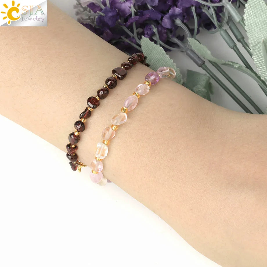 CSJA Irregular Natural Gem Stone Bracelet for Women Chip Gravel Bracelets Purple Crystal Obsidian Garnet Blessing Jewelry G701