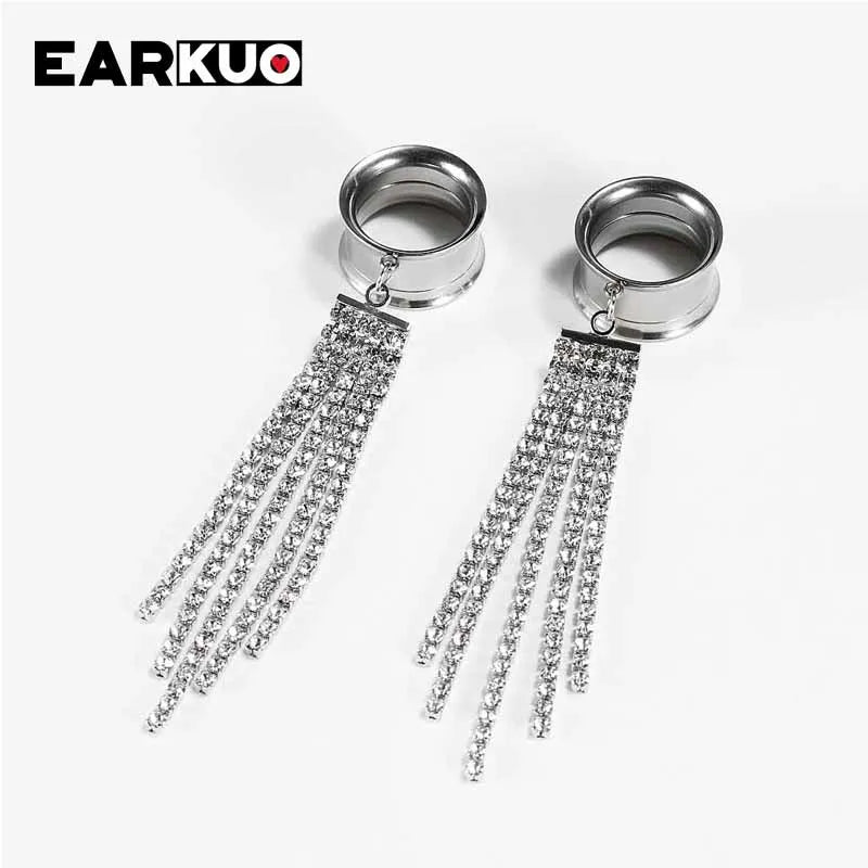 EARKUO Popular Stainless Steel Square Bar Chains Dangle Ear Plugs Piercing Gauges Tunnels Body Jewelry Earring Stretchers 2PCS