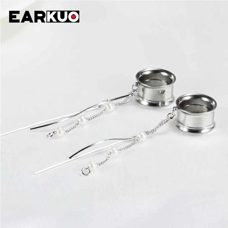 EARKUO Popular Stainless Steel Square Bar Chains Dangle Ear Plugs Piercing Gauges Tunnels Body Jewelry Earring Stretchers 2PCS