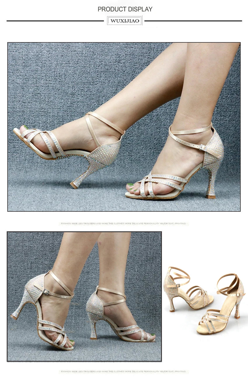 WUXIJIAO Women's Latin Dance Shoes New Dance Shoes Unique Design Salsa Shoes Diamond Sandals