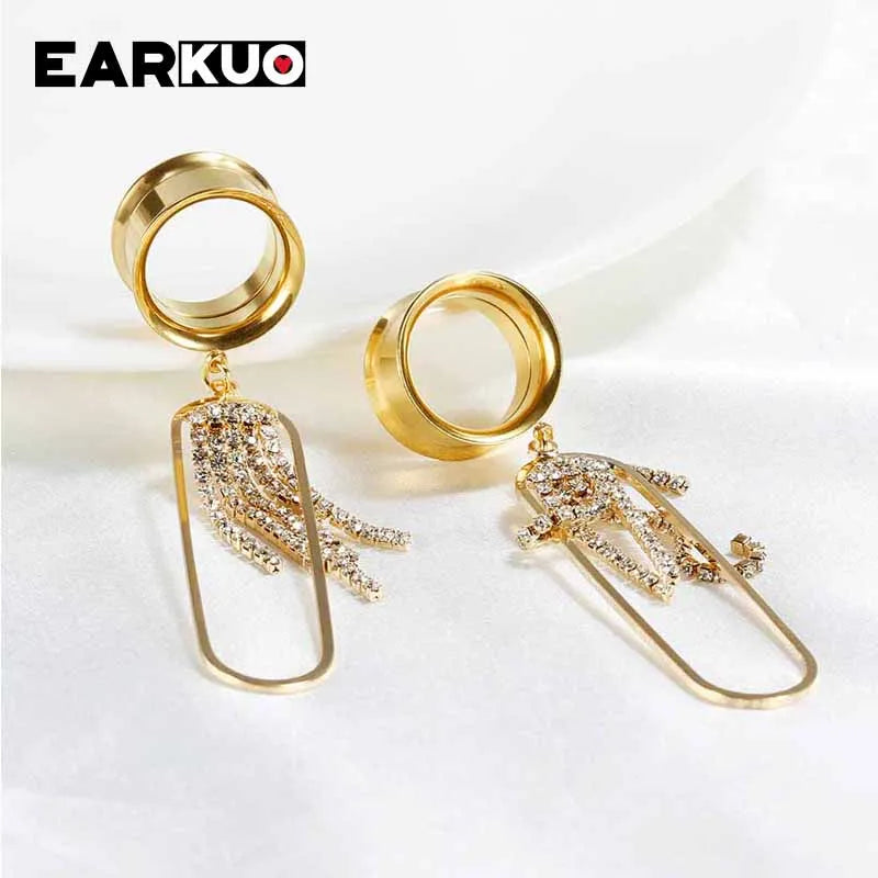 EARKUO Popular Stainless Steel Square Bar Chains Dangle Ear Plugs Piercing Gauges Tunnels Body Jewelry Earring Stretchers 2PCS