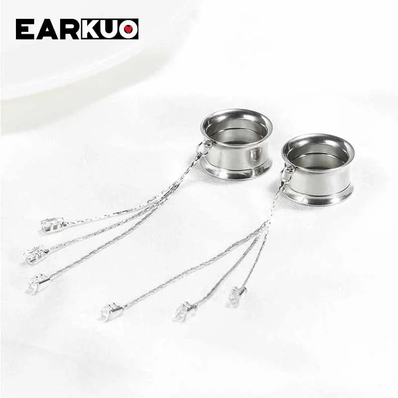 EARKUO Popular Stainless Steel Square Bar Chains Dangle Ear Plugs Piercing Gauges Tunnels Body Jewelry Earring Stretchers 2PCS