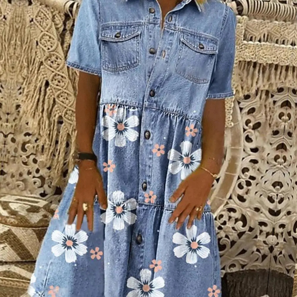 Women Elegant Turn-down Collar Denim Dress Spring Floral Print Button Shirt Dress Summer Short Sleeve A-Line Party Dress Vestido