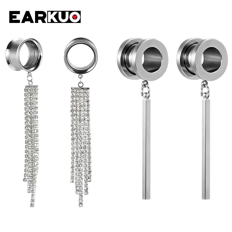 EARKUO Popular Stainless Steel Square Bar Chains Dangle Ear Plugs Piercing Gauges Tunnels Body Jewelry Earring Stretchers 2PCS