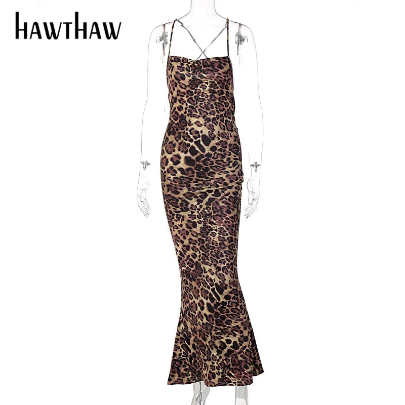 Hawthaw Women Autumn Winter Sleeveless Leopard Printed Bodycon Long Straps Dress Streetwear 2021 Fall Clothes Wholesale Items