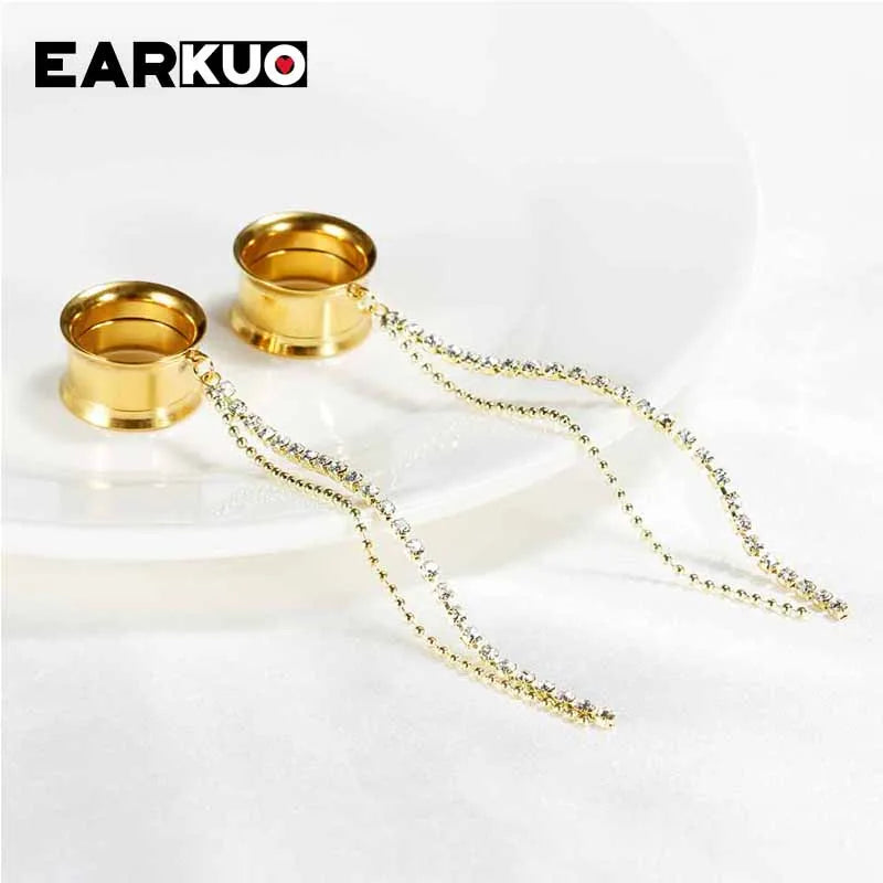 EARKUO Popular Stainless Steel Square Bar Chains Dangle Ear Plugs Piercing Gauges Tunnels Body Jewelry Earring Stretchers 2PCS