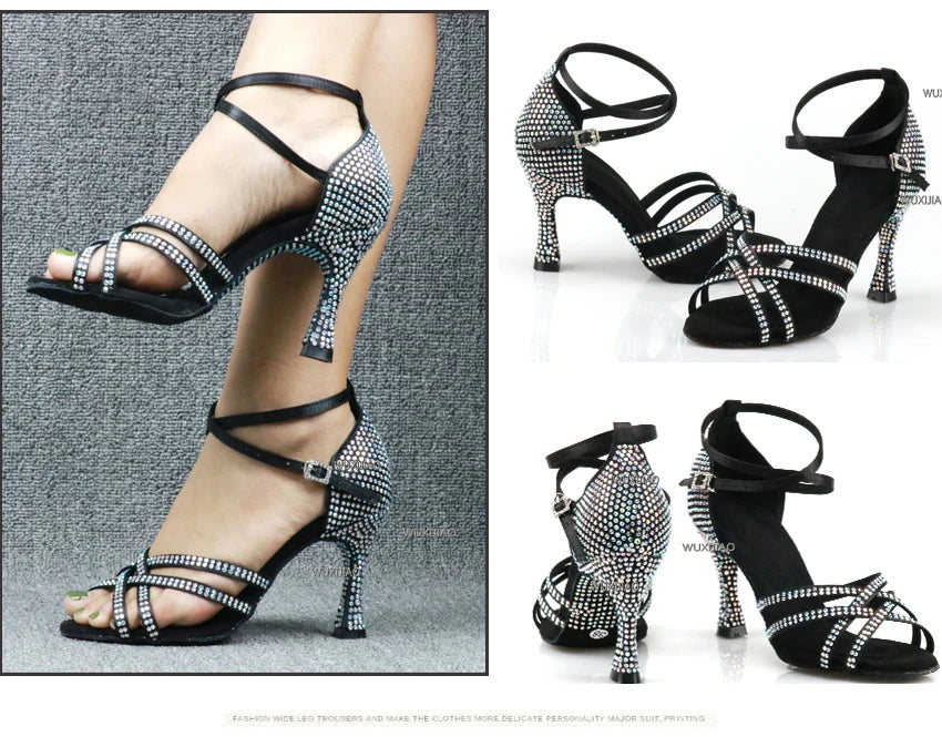 WUXIJIAO Women's Latin Dance Shoes New Dance Shoes Unique Design Salsa Shoes Diamond Sandals