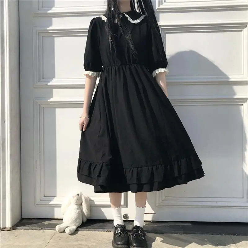 Mini Black Dresses Puff Sleeve Women Lolita Girlish Designer Kawaii Clothes Japanese Preppy Bow Summer Sweet Ins Y2k Vestidos BF