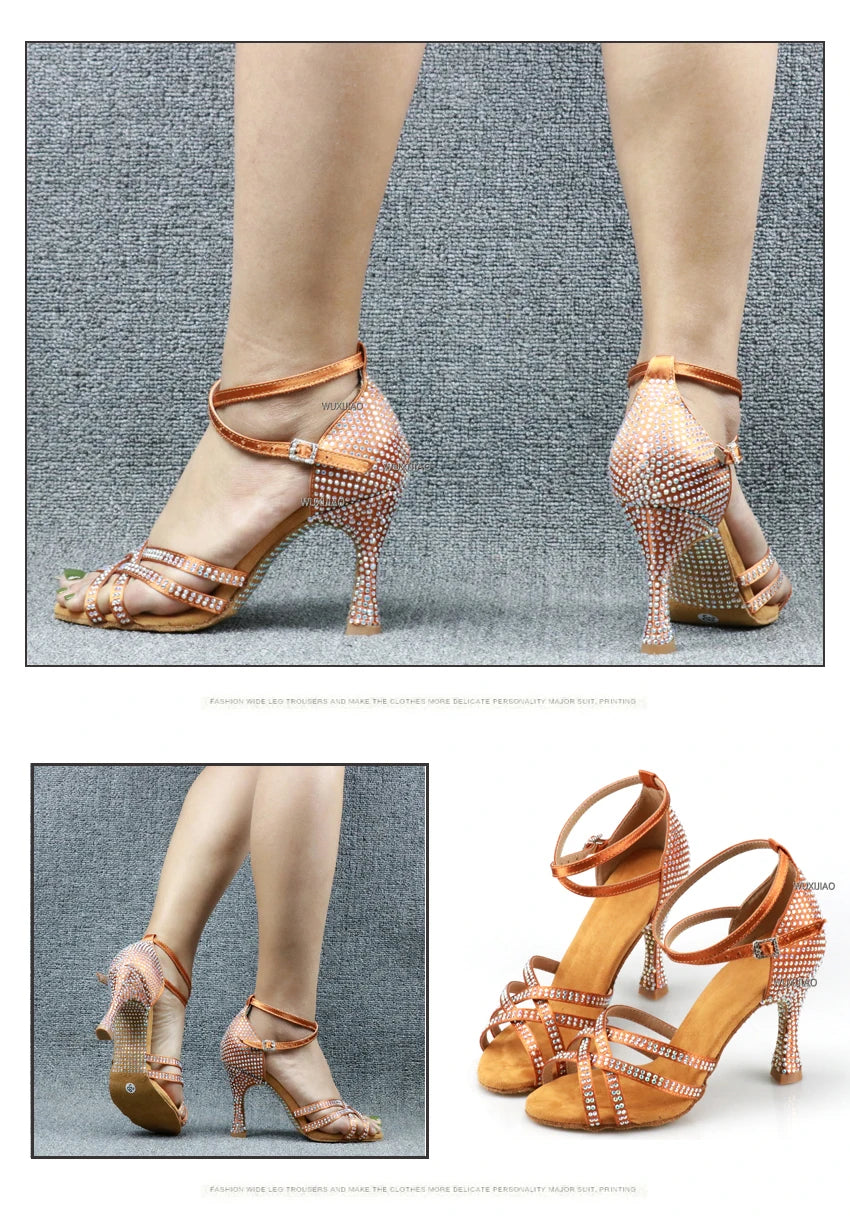 WUXIJIAO Women's Latin Dance Shoes New Dance Shoes Unique Design Salsa Shoes Diamond Sandals