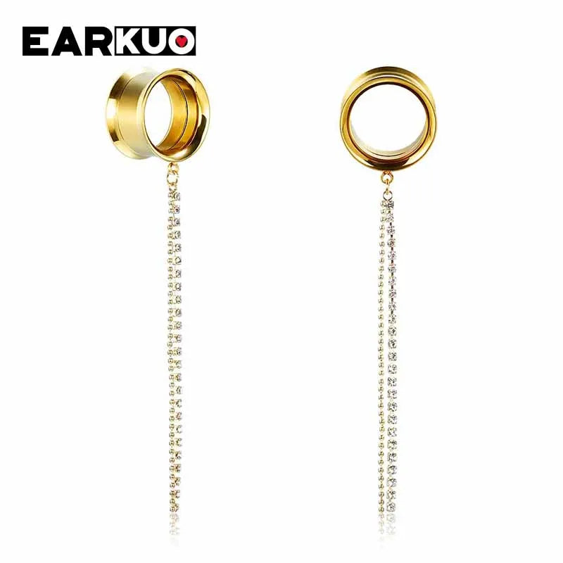 EARKUO Popular Stainless Steel Square Bar Chains Dangle Ear Plugs Piercing Gauges Tunnels Body Jewelry Earring Stretchers 2PCS