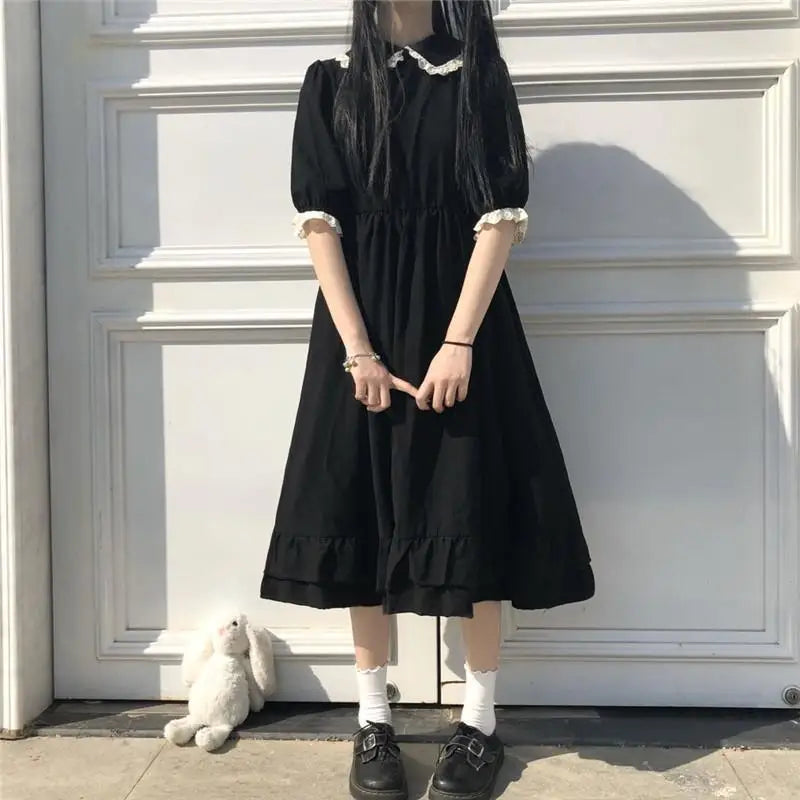 Mini Black Dresses Puff Sleeve Women Lolita Girlish Designer Kawaii Clothes Japanese Preppy Bow Summer Sweet Ins Y2k Vestidos BF