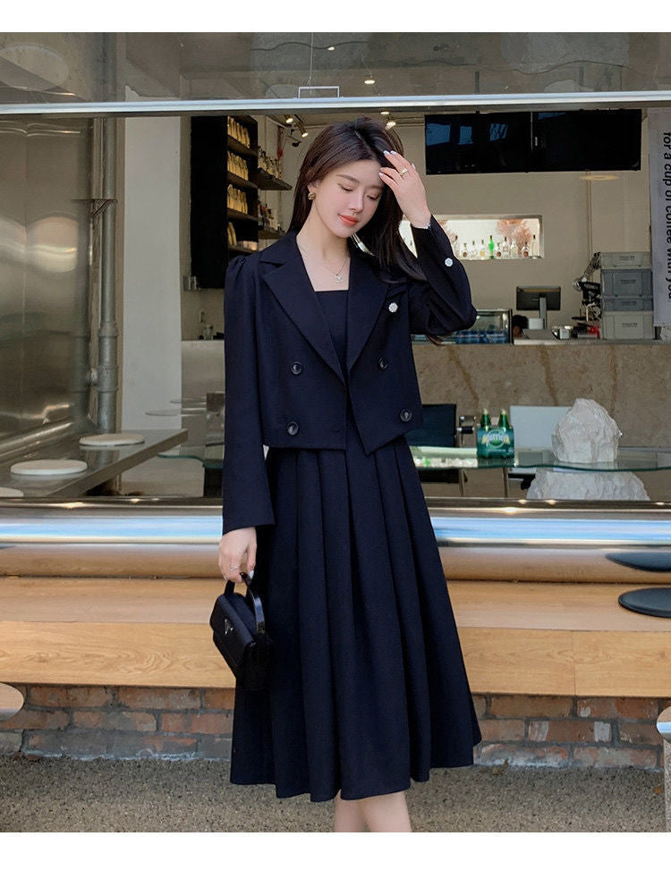 Autumn Korea Elegant Women Black Office Hepburn Suit Dress Casual Lapel  Blazer Coat Classic High Waist A Line  Pleated Dress