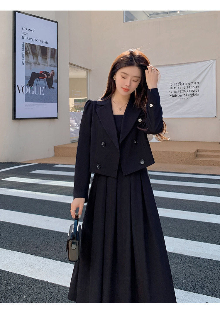 Autumn Korea Elegant Women Black Office Hepburn Suit Dress Casual Lapel  Blazer Coat Classic High Waist A Line  Pleated Dress