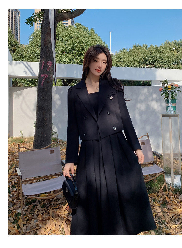 Autumn Korea Elegant Women Black Office Hepburn Suit Dress Casual Lapel  Blazer Coat Classic High Waist A Line  Pleated Dress