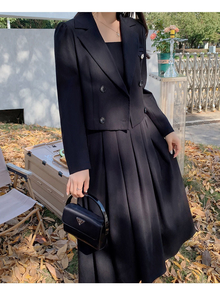 Autumn Korea Elegant Women Black Office Hepburn Suit Dress Casual Lapel  Blazer Coat Classic High Waist A Line  Pleated Dress