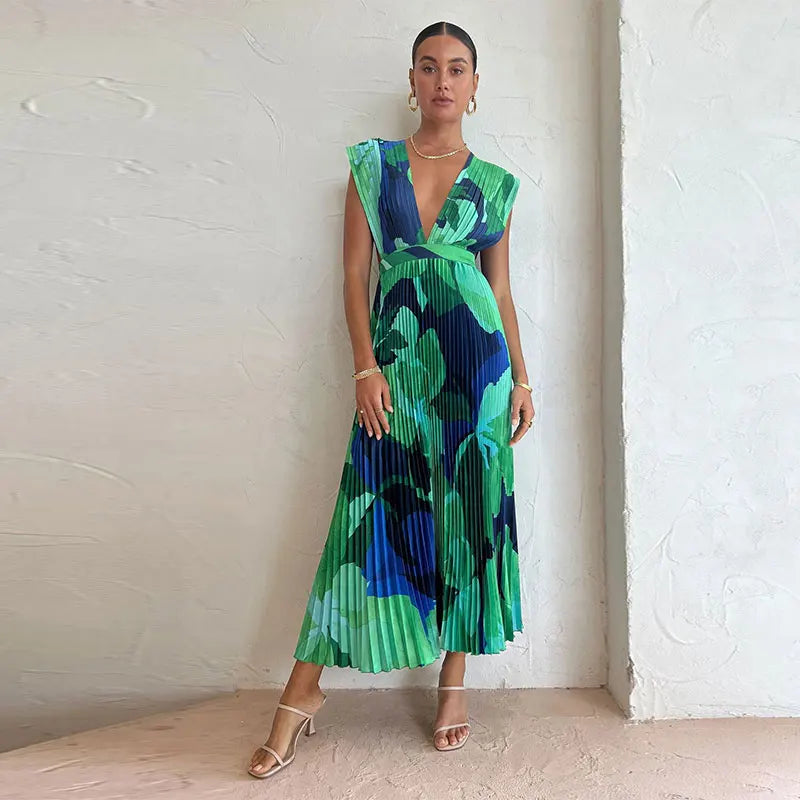 Maxi Dresses 2023 Summer Autumn Chic Vacation Holiday Vestidos Elegant V-neck Print Long Sleeve Dress For Women Patchwork Split