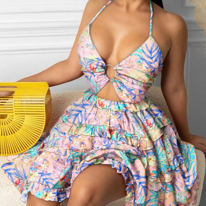 Summer New Printed Halter Neck Mini Dresses For Women Sexy Deep V-neck Hollow Out Backless Leace-up Dress Beach Vestido Feminino