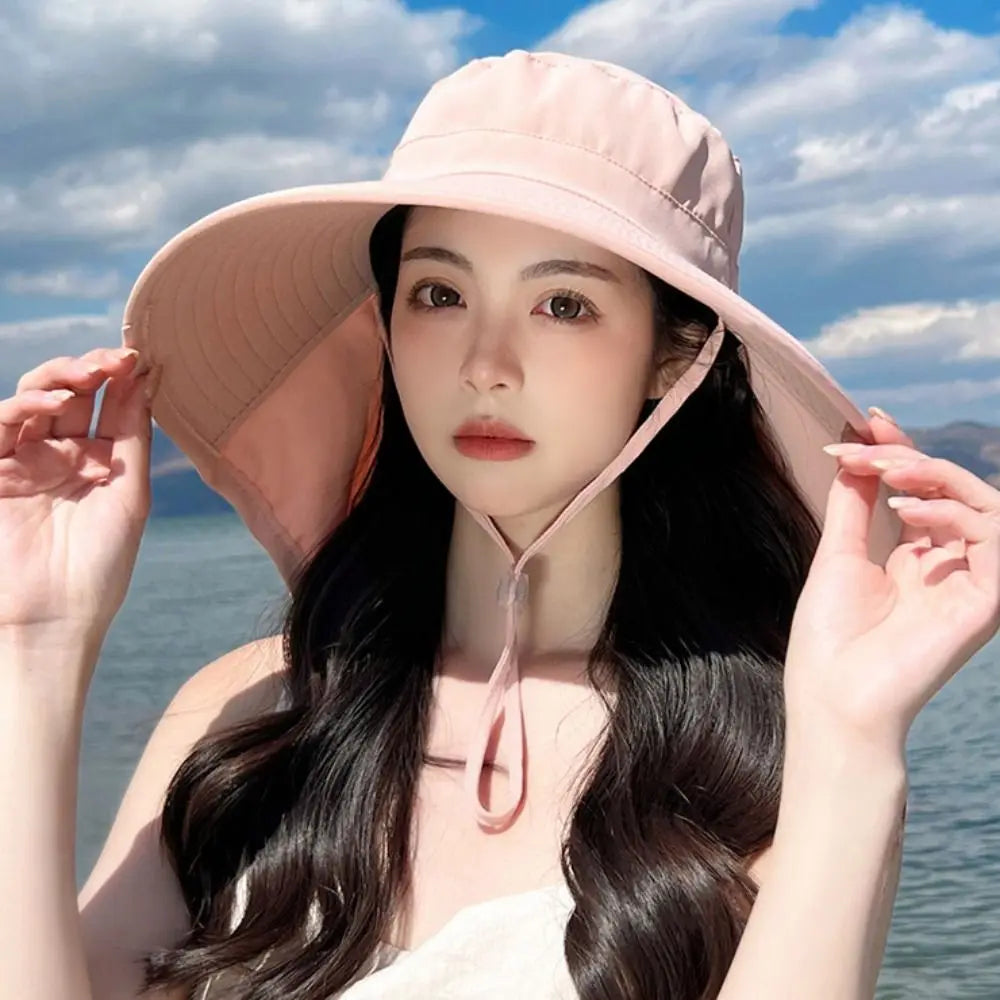 Women's Summer Hat for The Sun Wide Brim UV Neck Protection Solar Beach Bucket Hats Foldable Ponytail Travel Panama Cap