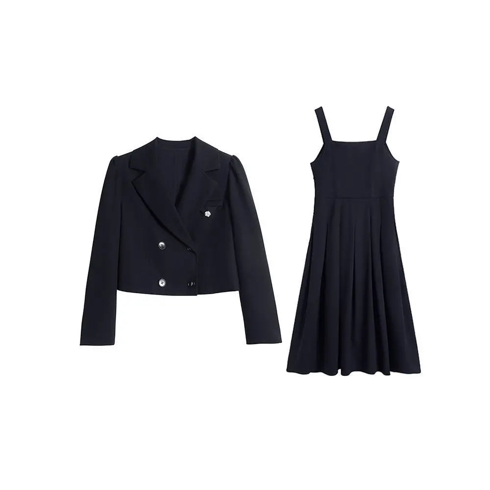 Autumn Korea Elegant Women Black Office Hepburn Suit Dress Casual Lapel  Blazer Coat Classic High Waist A Line  Pleated Dress