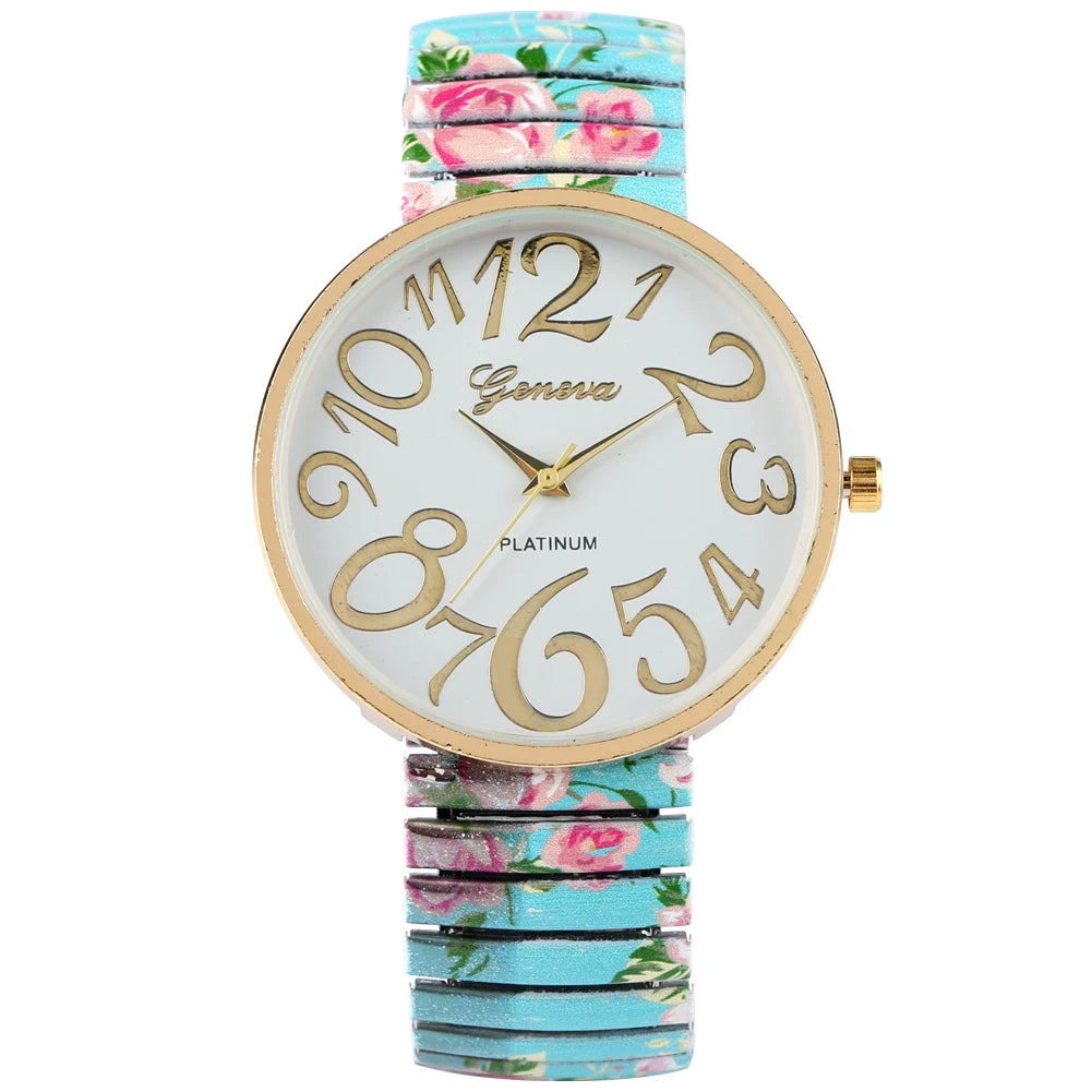 Fashion Women Quartz Watch Large Arabic Number Dial Ladies Wristwatch Unique Elastic Printing Strap Girls Watches Reloj Mujer