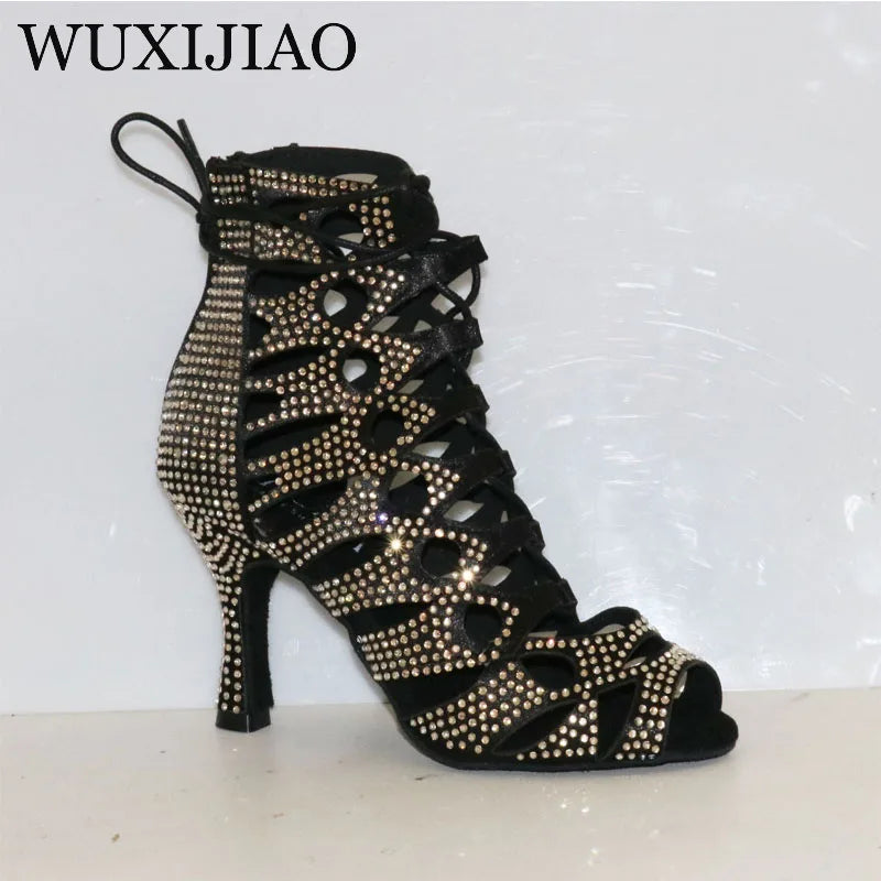 WUXIJIAO European and American rhinestone strap dance boots high heels nightclub dance jazz boots pole dance Latin dance shoes