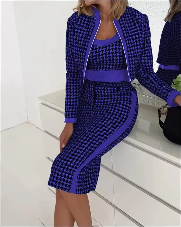 3 Two Piece Set For Women Autumn Winter Spaghetti Top And Skirt Sets Elegant Office Houndstooth Print Dress With Coat Suit