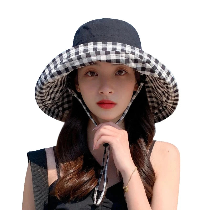 Summer Women Double-sided Cotton Linen Plaid Sun Hat Elegant Big Wide Brim Foldable Anti-UV Beach Sun Floppy Hats Flat Caps Bob