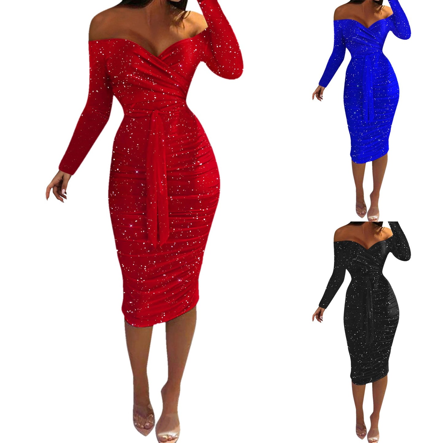 Formal Dress For Women Sexy Off Shoulder Long Sleeve Slim Bodycon Hip Wrap Ruched Midi Red Dress Vintage  Party Dress Vestidos