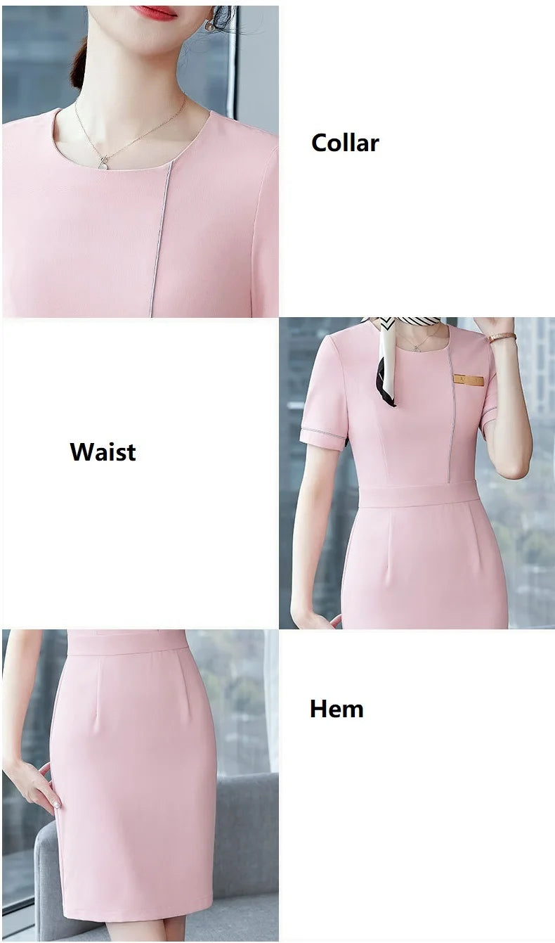 Summer Short Sleeve Elegant Dresses for Women Slim Hips with Scarf Professional Business Work Wear Office Ladies Vestidos