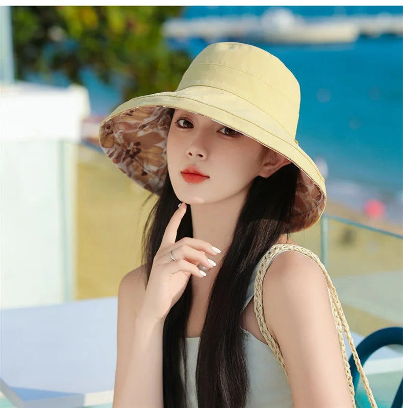 Spring Summer Double-sided Wear Large Brim Fisherman's Hat Hat Women Korea Outdoor Sunscreen Sun  Cotton Breathable Flower