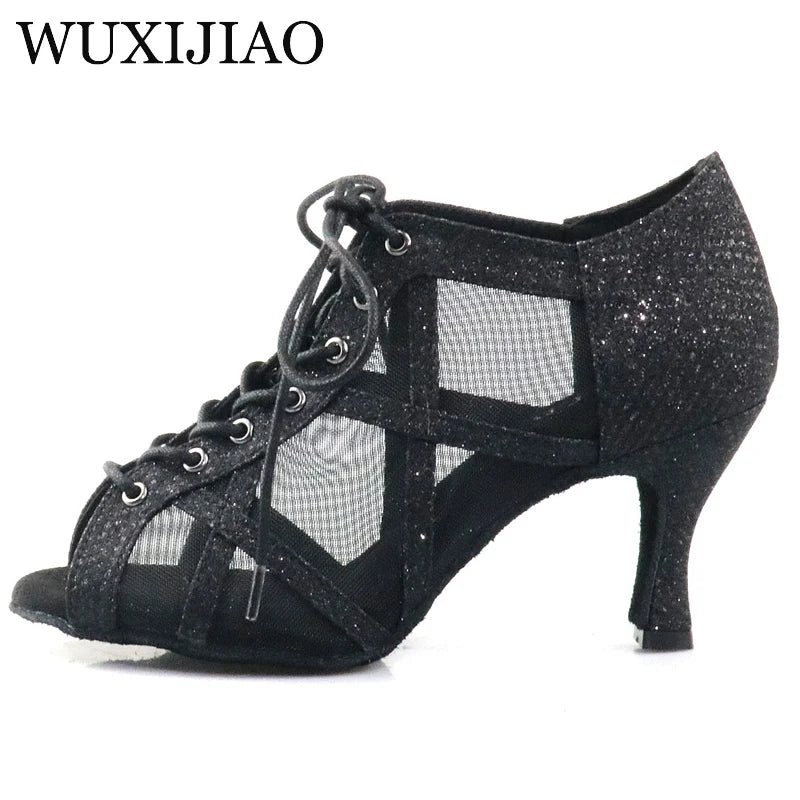 Black diamond inlaid Latin dance shoes, fish billed women's high top dance shoes, cool boots, ball and social dance shoes, salsa