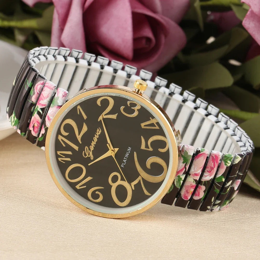 Fashion Women Quartz Watch Large Arabic Number Dial Ladies Wristwatch Unique Elastic Printing Strap Girls Watches Reloj Mujer