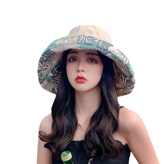 Reversible Foldable Cotton Sun Hat for Women Summer Wide Brim UV Protection Panama Beach Bucket Hat Ladies Girls Outdoor Sea Hat