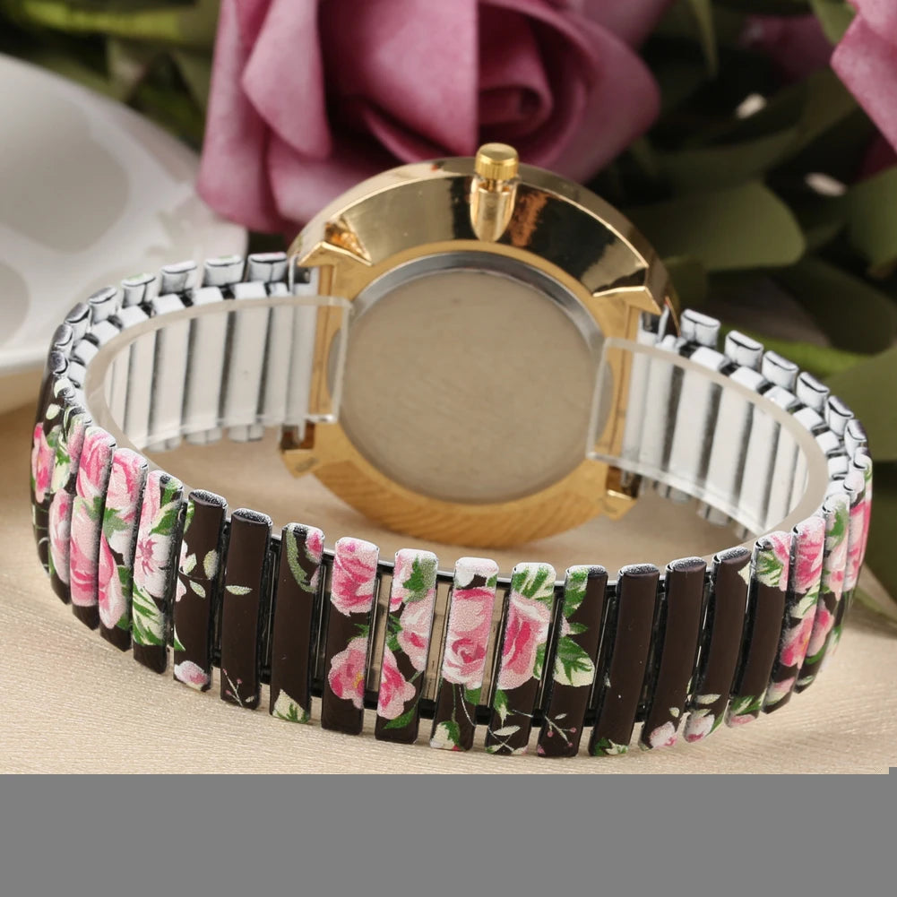 Fashion Women Quartz Watch Large Arabic Number Dial Ladies Wristwatch Unique Elastic Printing Strap Girls Watches Reloj Mujer