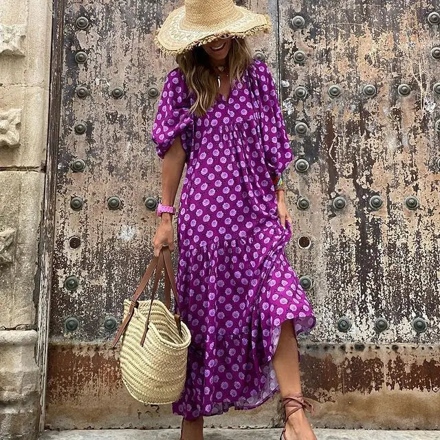 Women Puff Sleeve Boho Maxi Dress Vintage Elegant Fashion Casual Print  Floral V-Neck Loose Ladies Holiday Beach Party Vestidos